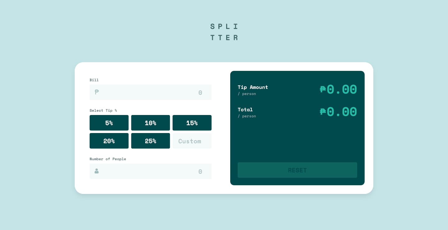 A screenshot of a website with a form on the left side asking for the bill total, desired tip percentage, and number of people — so the tip and share per person can be calculated on the right side