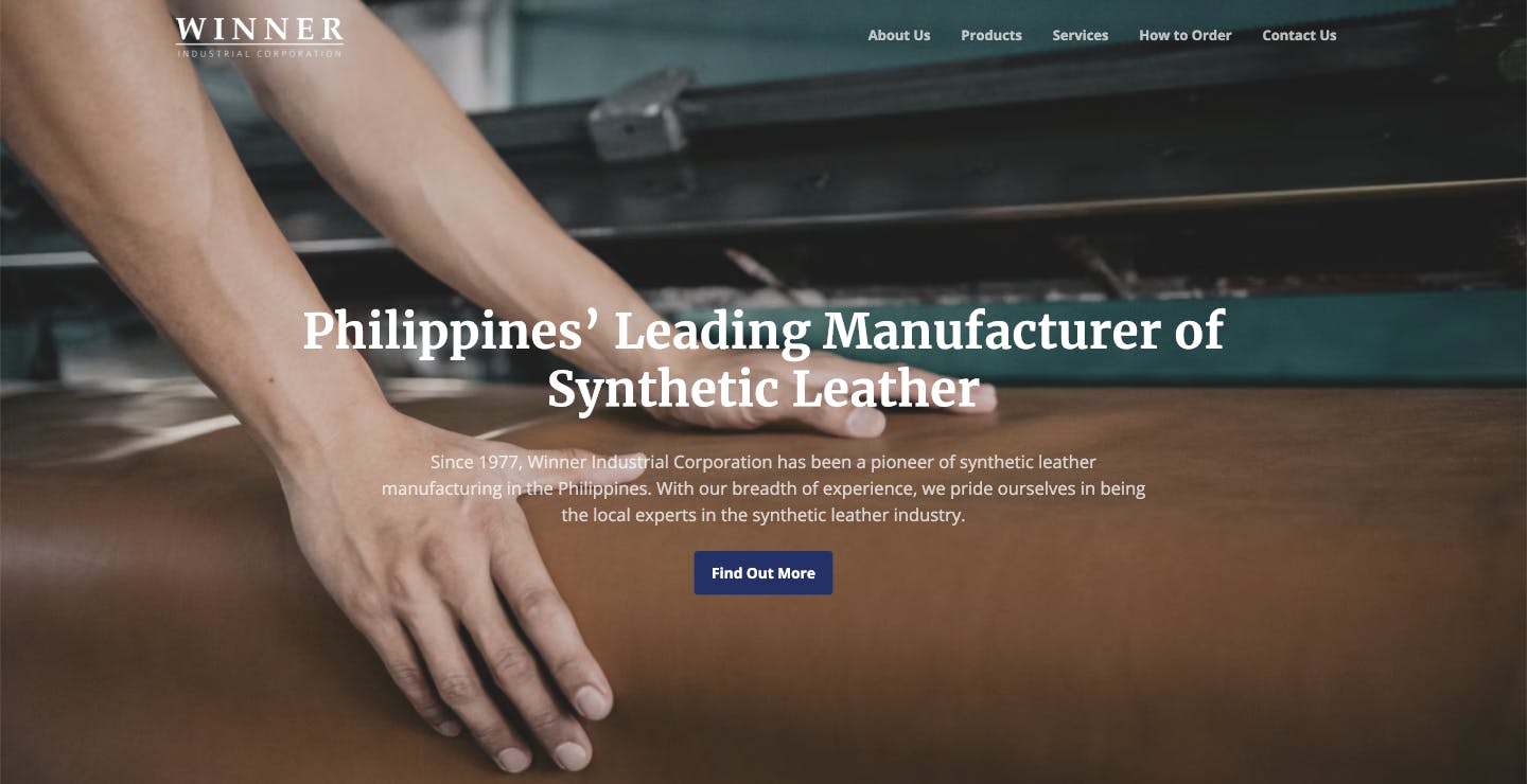 A screenshot of a textile website — the landing page features a hand smoothing out what seems to be brown synthetic leather. The main text reads: 'Philippines’ Leading Manufacturer of Synthetic Leather'